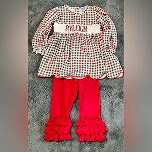 Lures & Lace Monogram RYLEIGH Plaid Top with Red Ruffle Pants - 4T